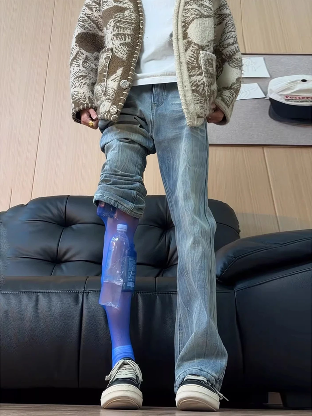

Light Blue Fce Lined Lightning Bamboo Pattern Men's Jeans High Street Sle Straight Leg Trousers Casual Wear Youth Jeans