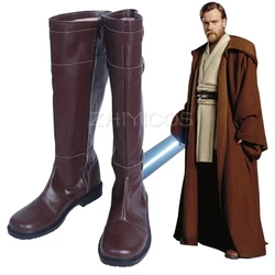 New Jedi Obi Wan Cosplay Shoes PU Leather Boots Knee High Brown Zipper-up Size 35-48