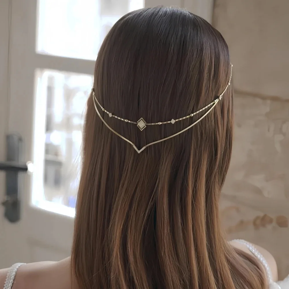 Bohemian Bridal Headband with Double-layered Hair Chain and Crystal Beads Hair Accessories for Women Wedding Fine Jewelry