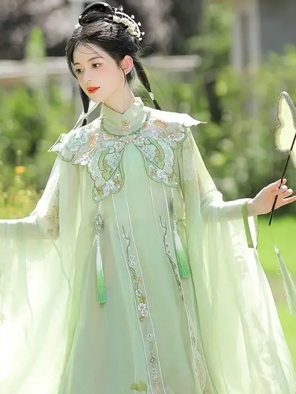 Chinese Style Hanfu Female Ming Dynasty Cloud Shoulder Stand Collar Long Shirt Pleated Dress Ancient Costume Fairy Elegant Suit