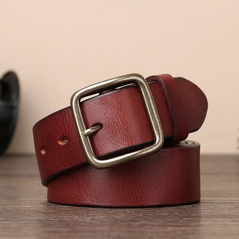 Vintage Luxury Handmade Leather Copper Buckle Man\'s Belt Cowhide Retro All-match Casual Jeans Soft Belts Lumbar  Man