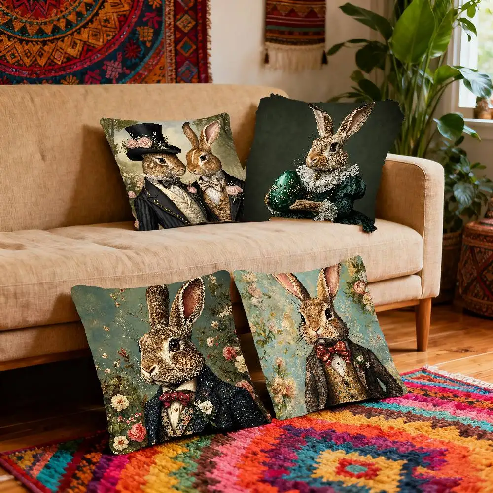 Vintage Easter Rabbit Gentleman PillowCase Elegant Couple Home Living Room Bedroom Decorative Rectangle Pillowcase Sofa Cushion