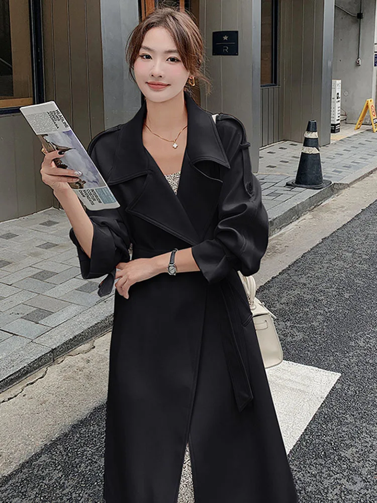 LANMREM Korean Style Mid Length Windbreaker Women Lapel Belt Gathered Waist Solid Color Trench Coat 2023 Autumn New 2AA2041