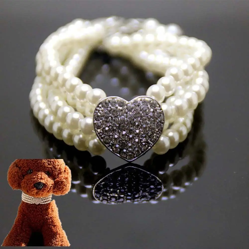 New Puppy Dog Choker Rhinestone Heart Four Rows Pearls Dogs Necklace Collar Shiny Cat Collar Jewellery Pet Supplies