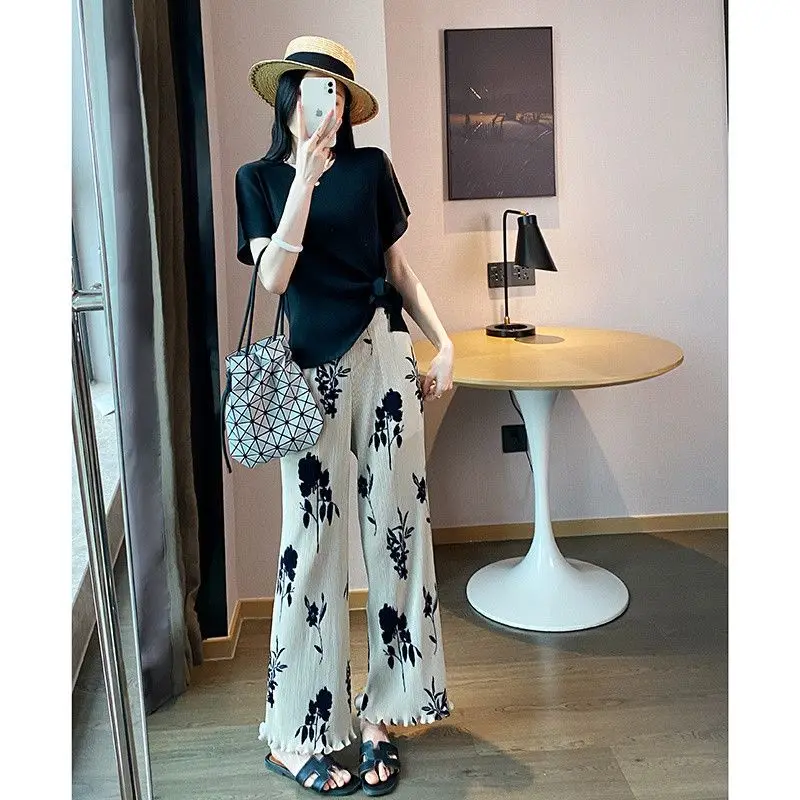 Folded versatile casual pants children's niche design straight printed trousers high waist thin drape wide