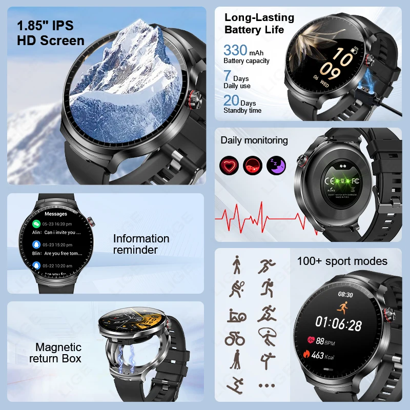 LIGE 2025 Smartwatch 2 w 1 z Słuchawkami Bluetooth TWS, Monitorowaniem Tętna i Natlenienia Krwi, GPS, Odtwarzaniem Muzyki, Smartwatch Fitness