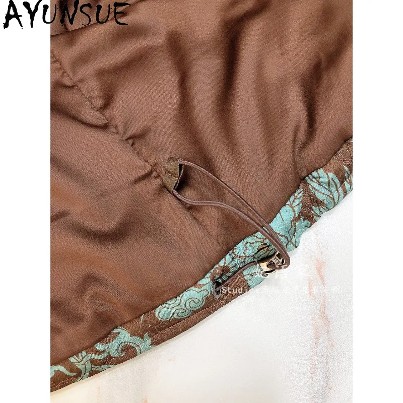 AYUNSUE Women's Down Coats Short Chinese Style Jacquard Jackets for Woman Fur and Leather Integrated Collar Coat Woman Clothes view 5