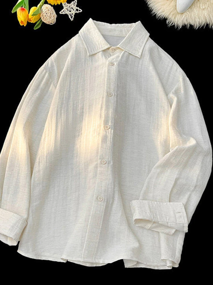 

Lightweight Summer Linen irt Men's Casual Silk Long Sve Breathable Sun Protection Loose Fit Teenager Daily Wear