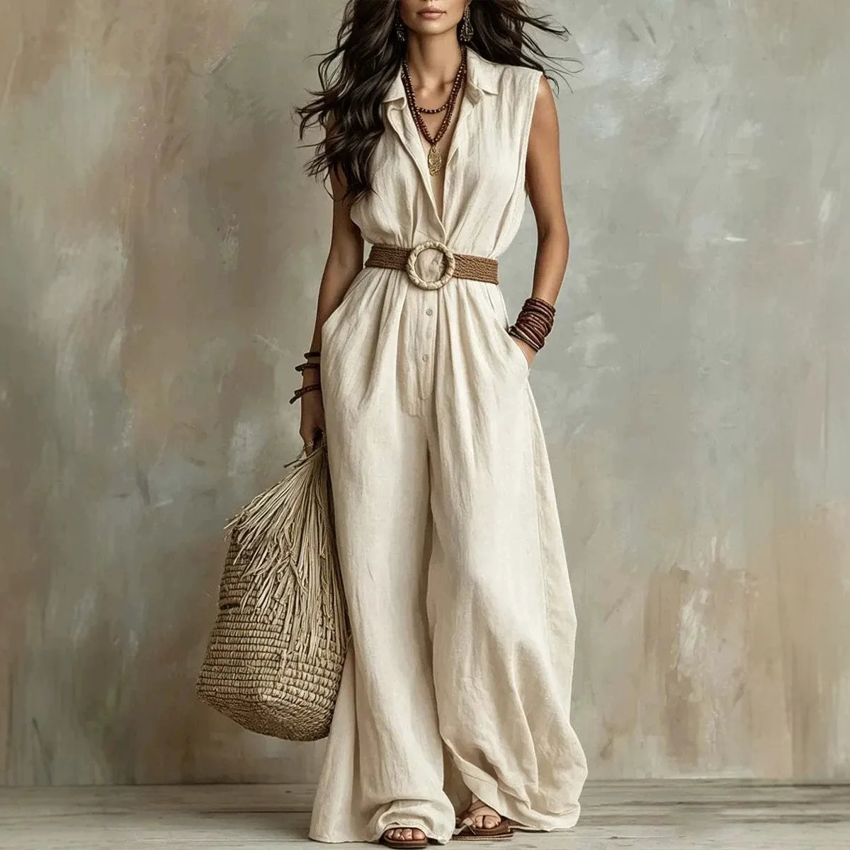 Casual Wide Leg Pants Loose Waist Japanese Korean Casual with Sleeveless Jumpsuit No Padding Streetwear V Neck Women Jumpsuit