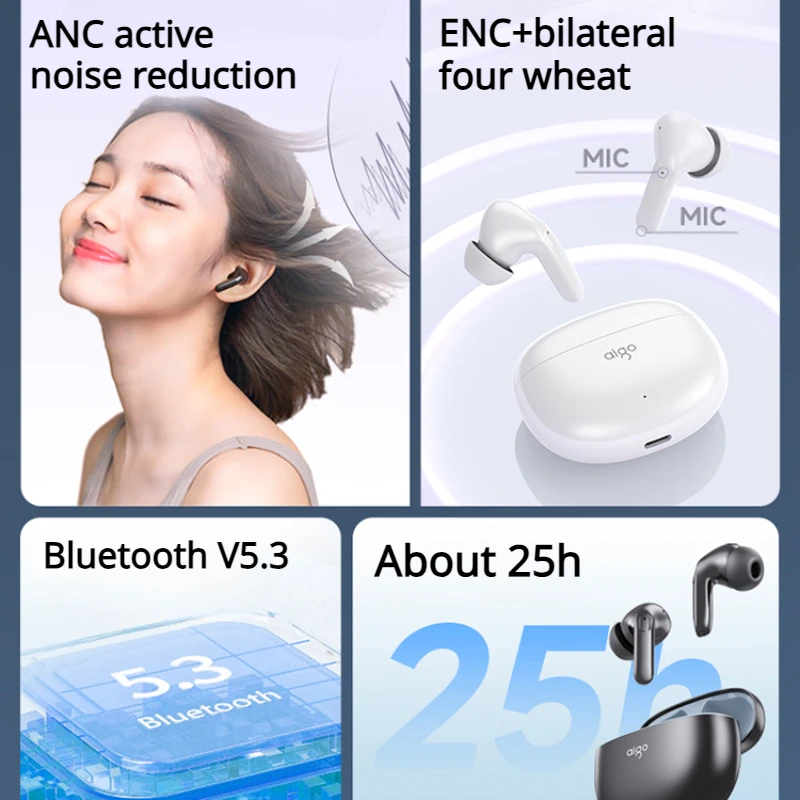 Aigo TA85 Wireless Bluetooth Earphones ANC Active Noise Reduction ENC Bluetooth V5.3 IPX4 Waterproof Ergonomic Sports Games