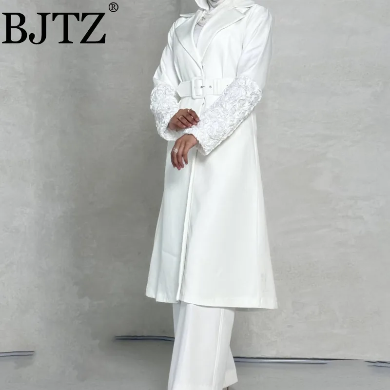 

BJTZ Cuff Splicing Bead Flower Medium Long Blazer Windbreaker Coat With Belt For Women 2025 Spring Autumn New Trendy Overcoat