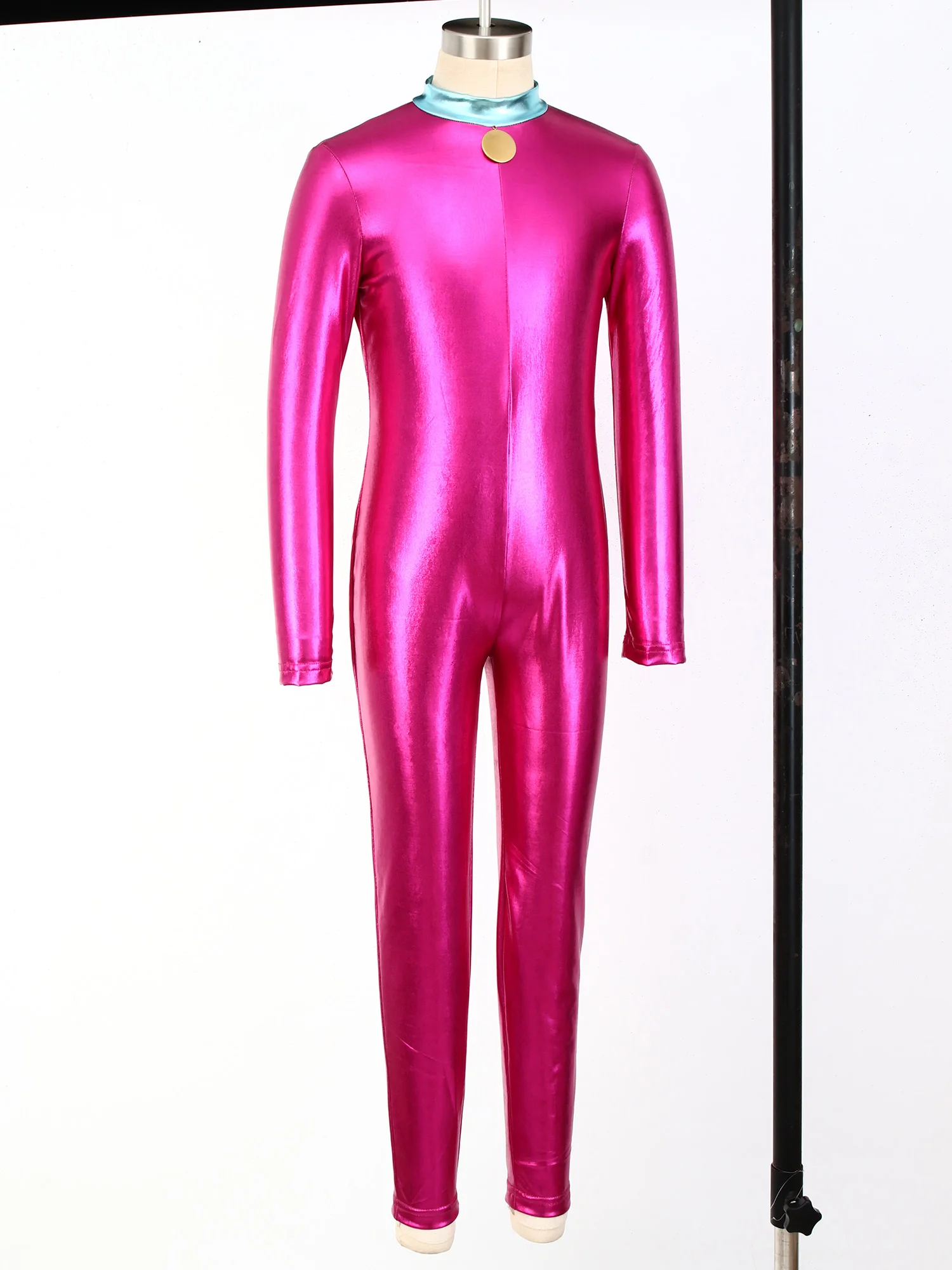 Kid Girls Dinosaur Jumpsuit with Faux Tail Long Sleeve Zipper Professional Jazz Ballet Gymnastics Bodysuit for Stage Performance
