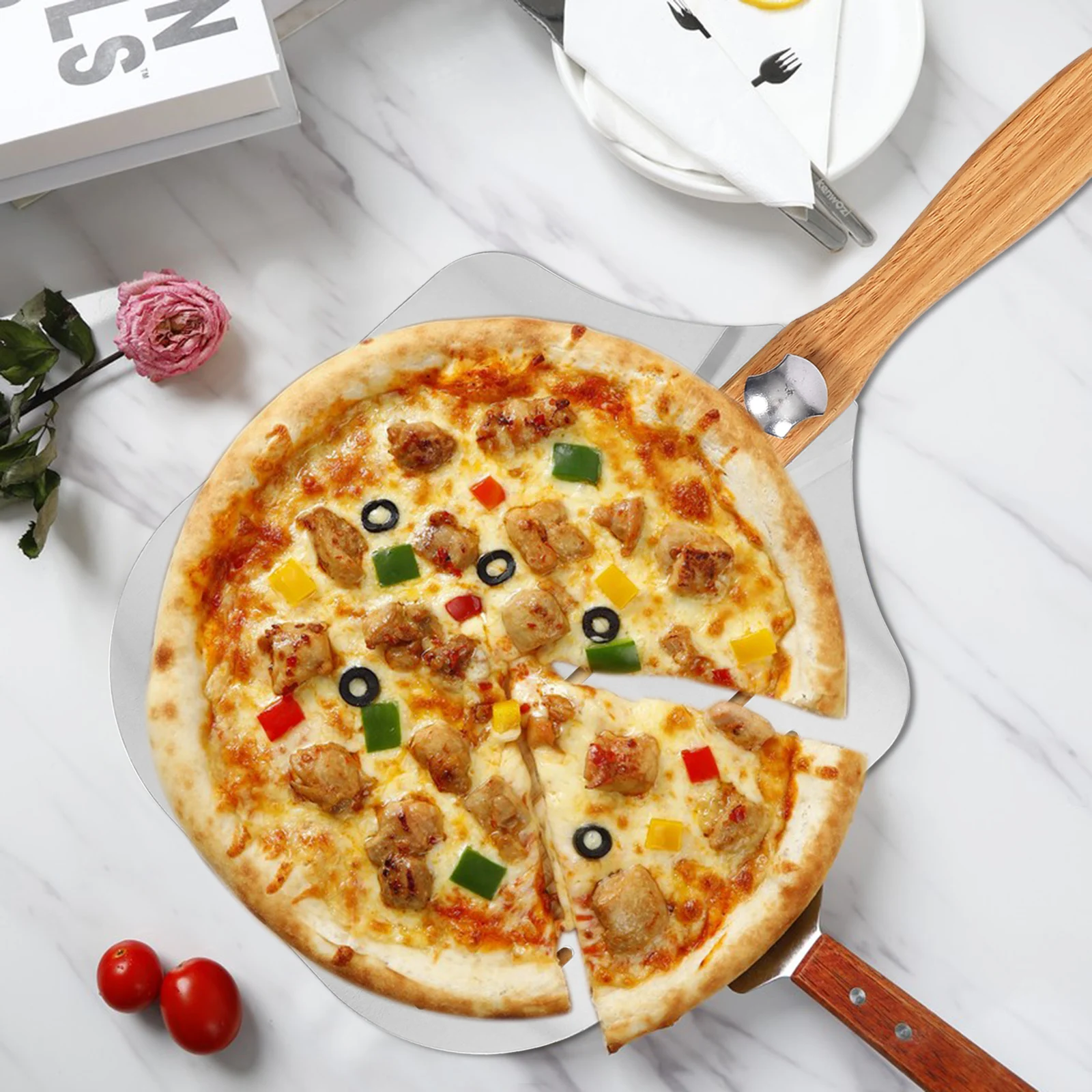 

Pizza Shovel Wooden Handle Aluminum Alloy Perforated Removable Kitchen Tool Multi-Function Food Scoop Stainless Steel Spatula