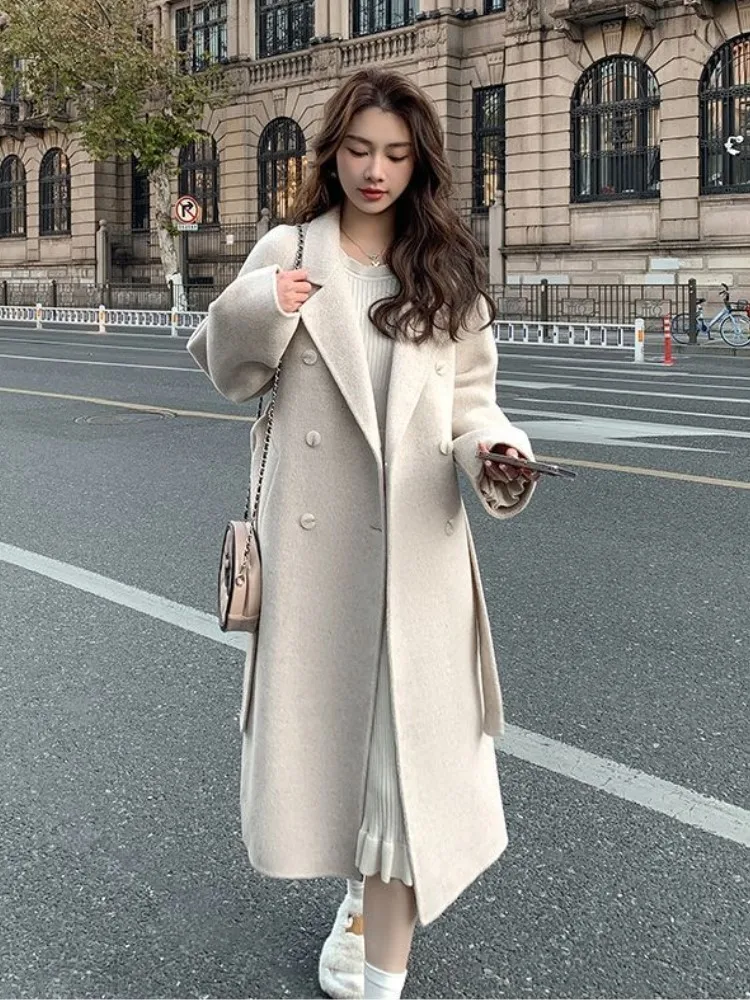 Autumn Winter Loose Woolen Coat for Women Casual Solid Outerwear with Belted Korean Fashion Chic Female Overcoat Outerwear New