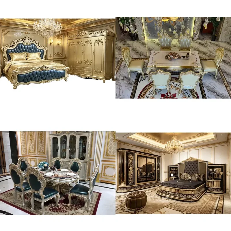 Classic French Villa Luxury Solid Wood Hand Carved Gold Leaf Leather Soft Cushion Bed Set with for Bedside Table Wardrobe