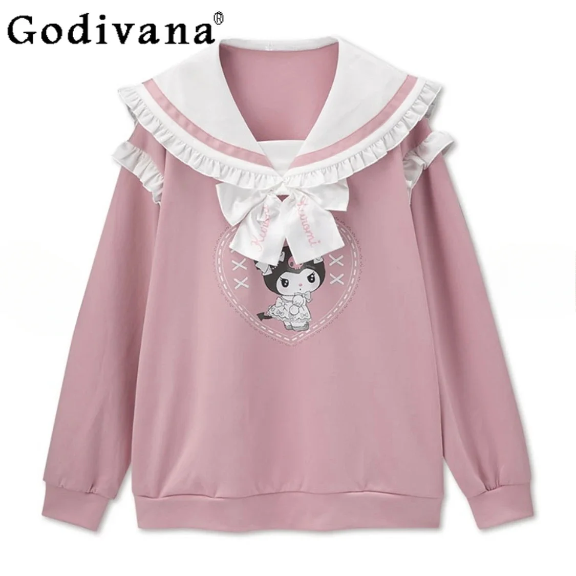 Japanese Sanrio Kuromi Sweet Cute Loose Casual Sweatshirts for Women College Sailor Collar Bow Mid-length Pink Kawaii Hoodies