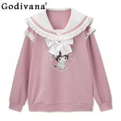 Japanese Sanrio Kuromi Sweet Cute Loose Casual Sweatshirts for Women College Sailor Collar Bow Mid-length Pink Kawaii Hoodies