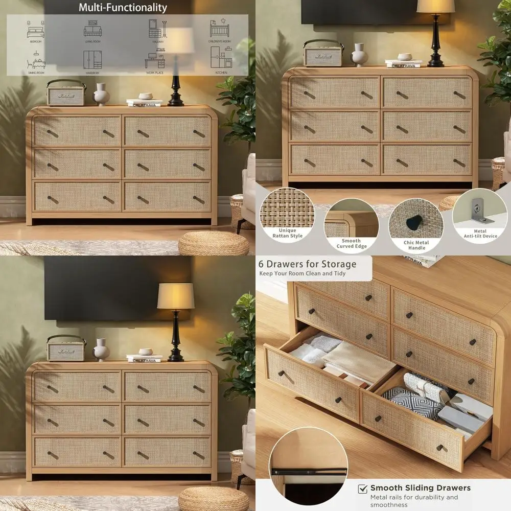 

Комод из ротанга в стиле бохо с 6 ящиками и утолщенными изогнутыми краями для спальни и гостиной