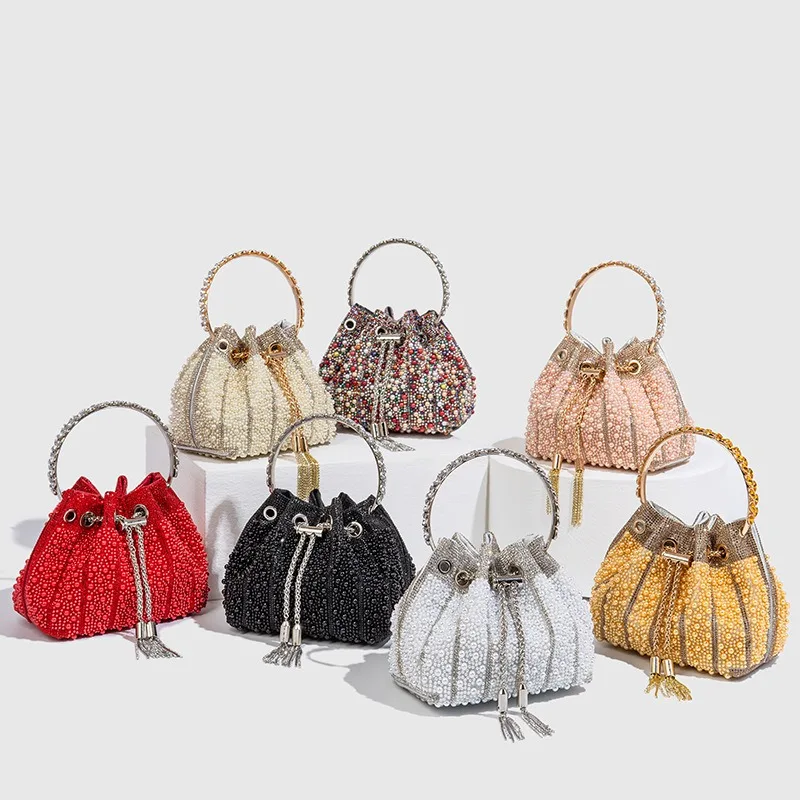 New pearl and western-style versatile shoulder bag, women's tassel chain drawstring bucket bag
