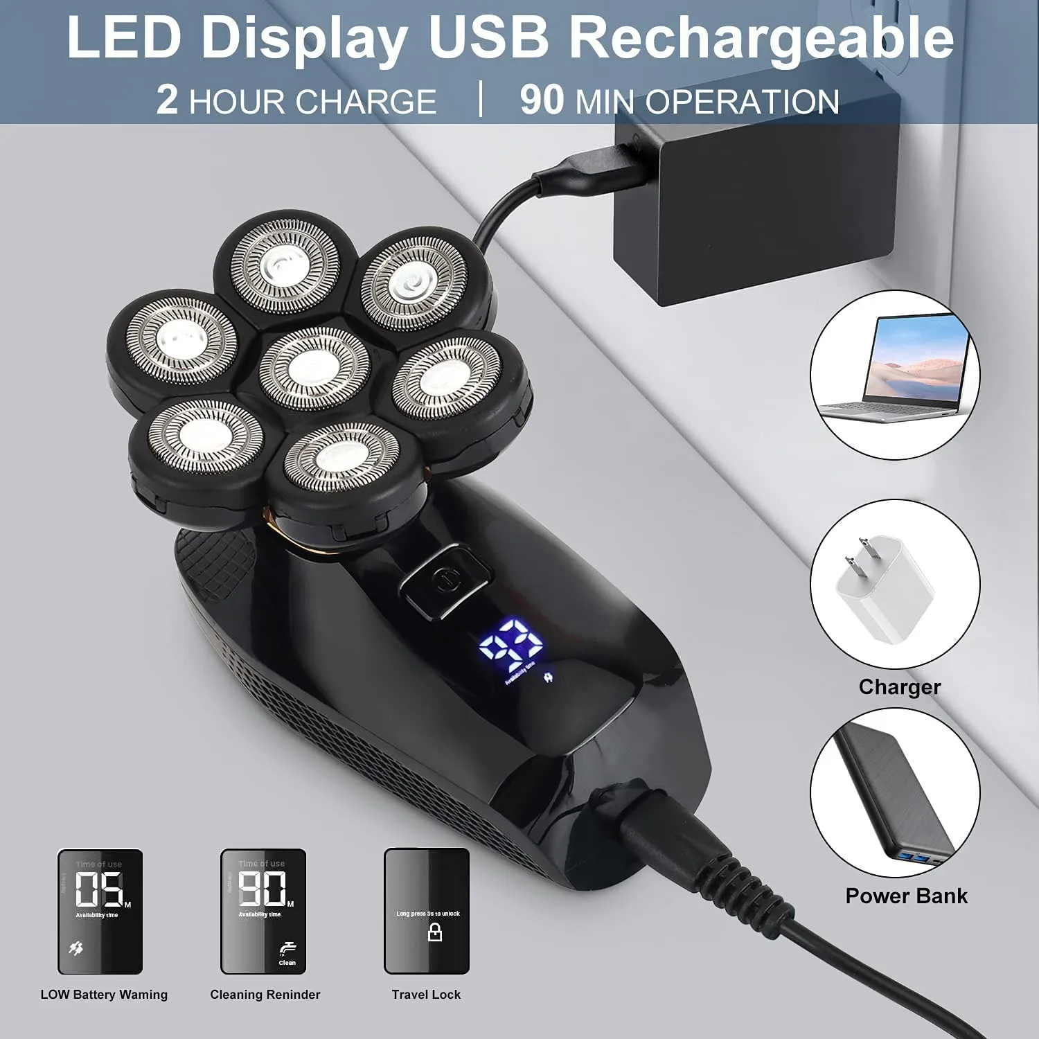 ASWUT-7D Electric Razor For Men, 5 In 1 Head Shavers For Bald Men, Electric Rotary Shaver Waterproof Grooming Kit Cordless