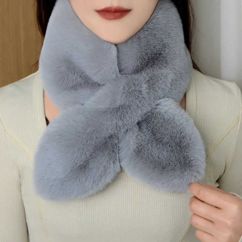 Korean Solid Double Sided Imitation Rabbit Fur Plush Scarf Winter Warm Outdoor Neck Protection Thicken Windproof Women\'s Bib