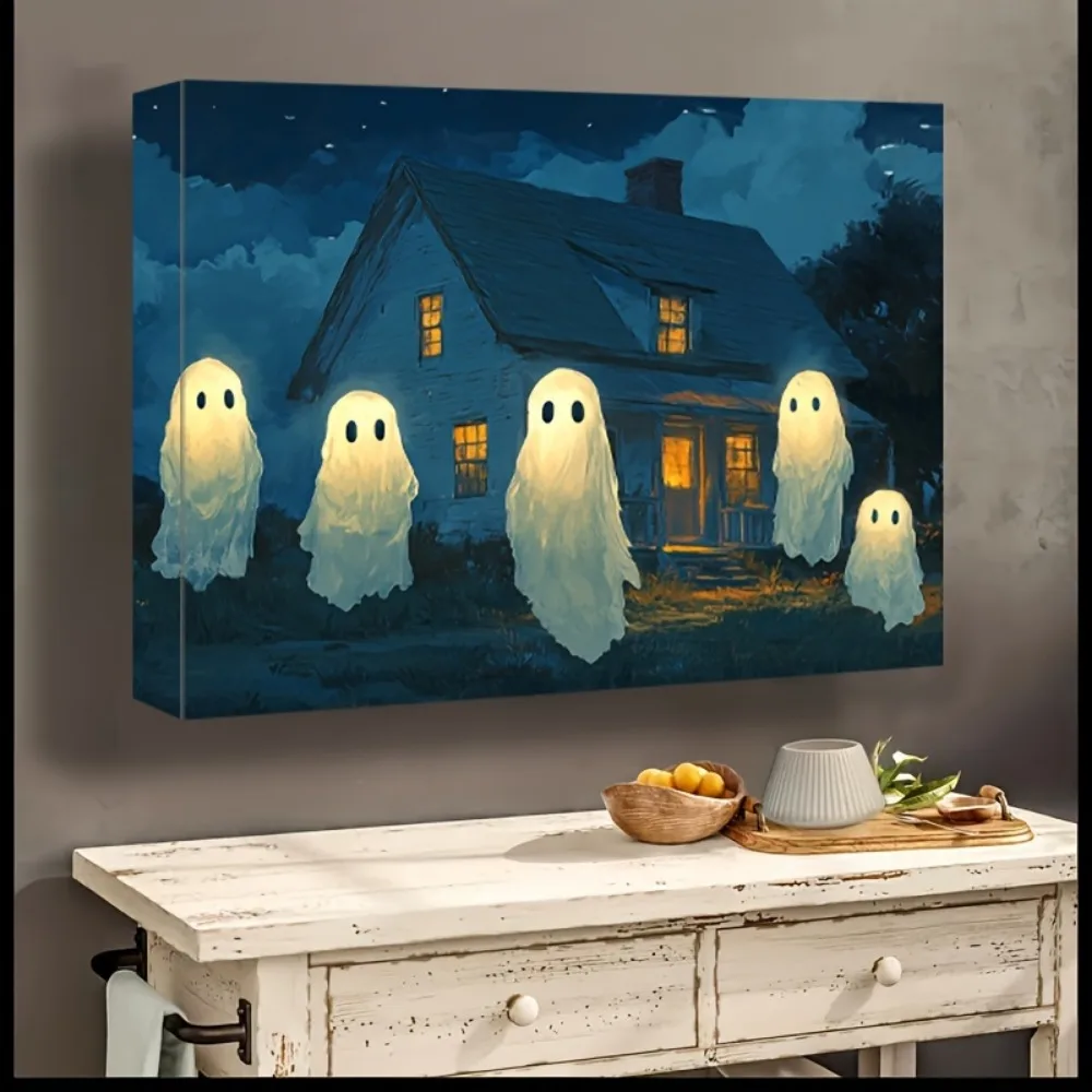 1.5 inch solid wood picture frame, Cute Ghost in the Forest, Print Gothic art retro poster, Dark Academy Print Halloween mural