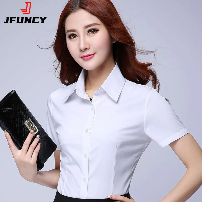 JFUNCY Women White Tops and Blouses 2023 Summer Elegant Short Sleeve Office Lady Work Wear Shirts Female Slim Blusas