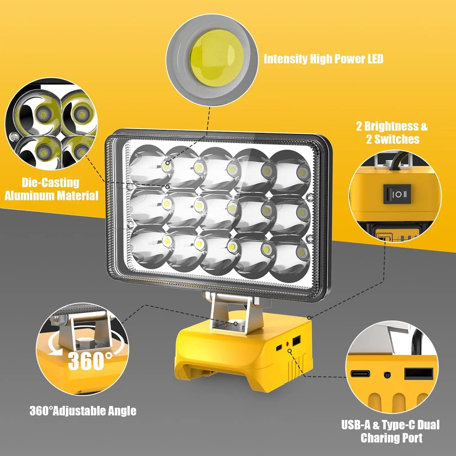 48W/60W/100W Portable LED Work Light Rechargeable LED Flood Light for Dewalt 18V-20V Li-ion Battery Cordless Work Light 6000k