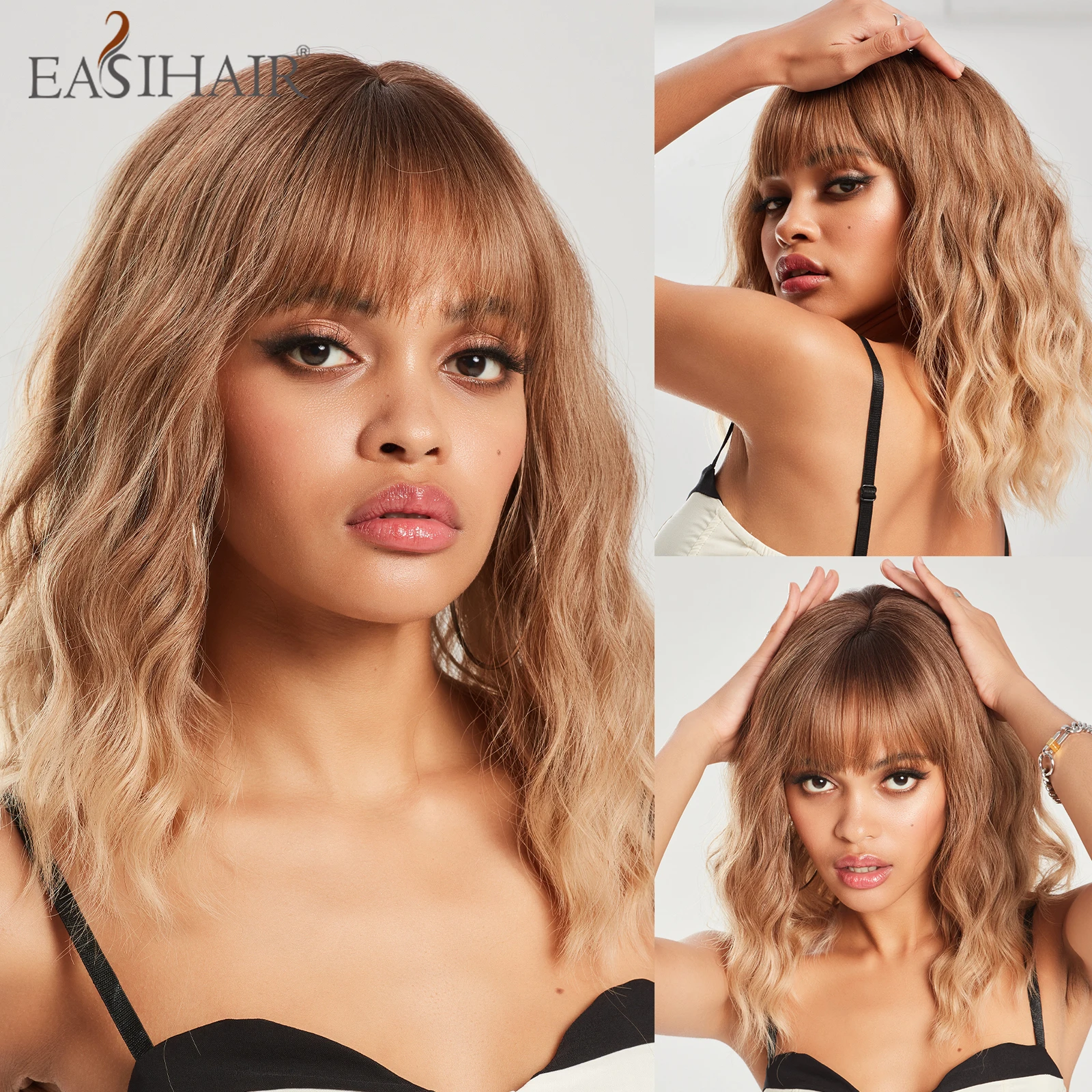 EASIHAIR Blonde Ombre Synthetic Wigs with Bangs Short Wavy Natural Hair Wigs for Women Daily Cosplay Wig Heat Resistant Fiber