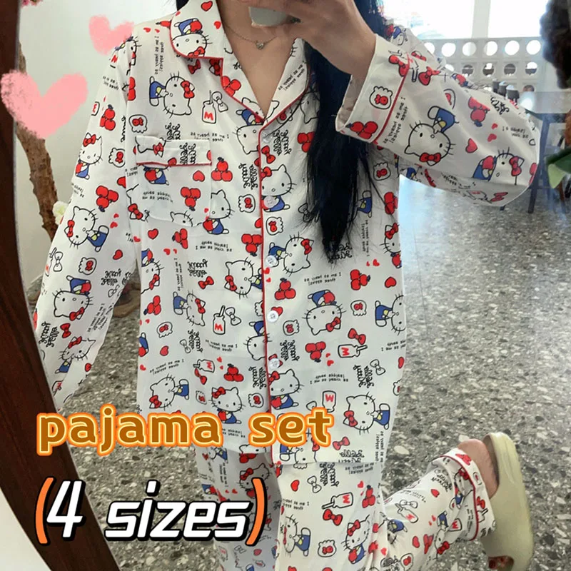 Hello Kitty Autumn and Winter Pajamas Suit Button Top Shirt  Home Clothes 2 Piece Set For Women Fashion Sleepwear Home Supplies