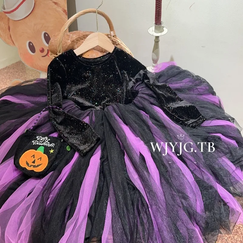 Girls Halloween Witch Costume Black Purple Tulle Long Dress Kids Gothic Sparkle Velvet Cosplay Dress Halloween Party Carnival