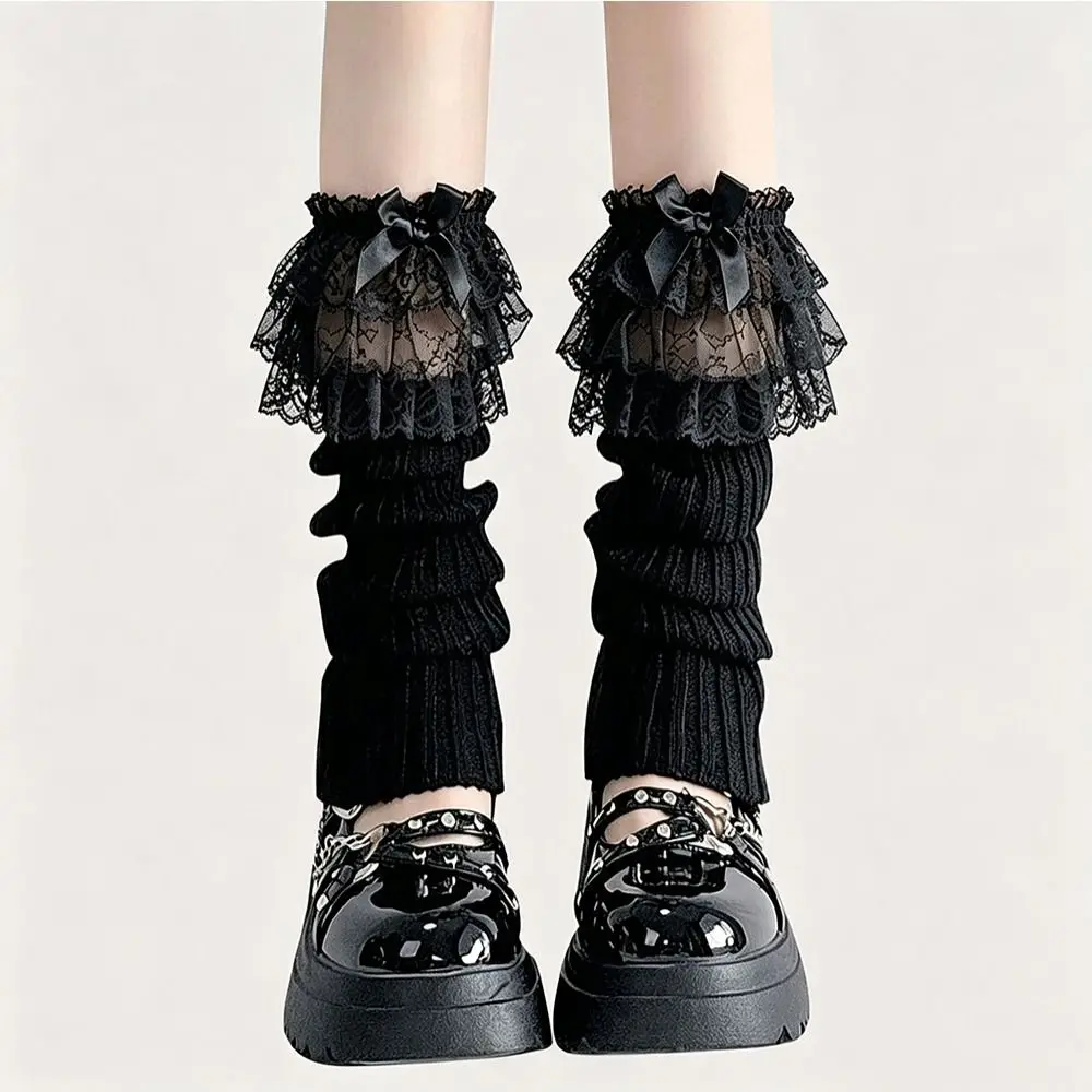 New Ruffled Bow Lace Leg Warmers Lace Trim Tiered Knitted Leg Warmers Sweet Gothic Style Foot Warmer Autumn Winter Wear