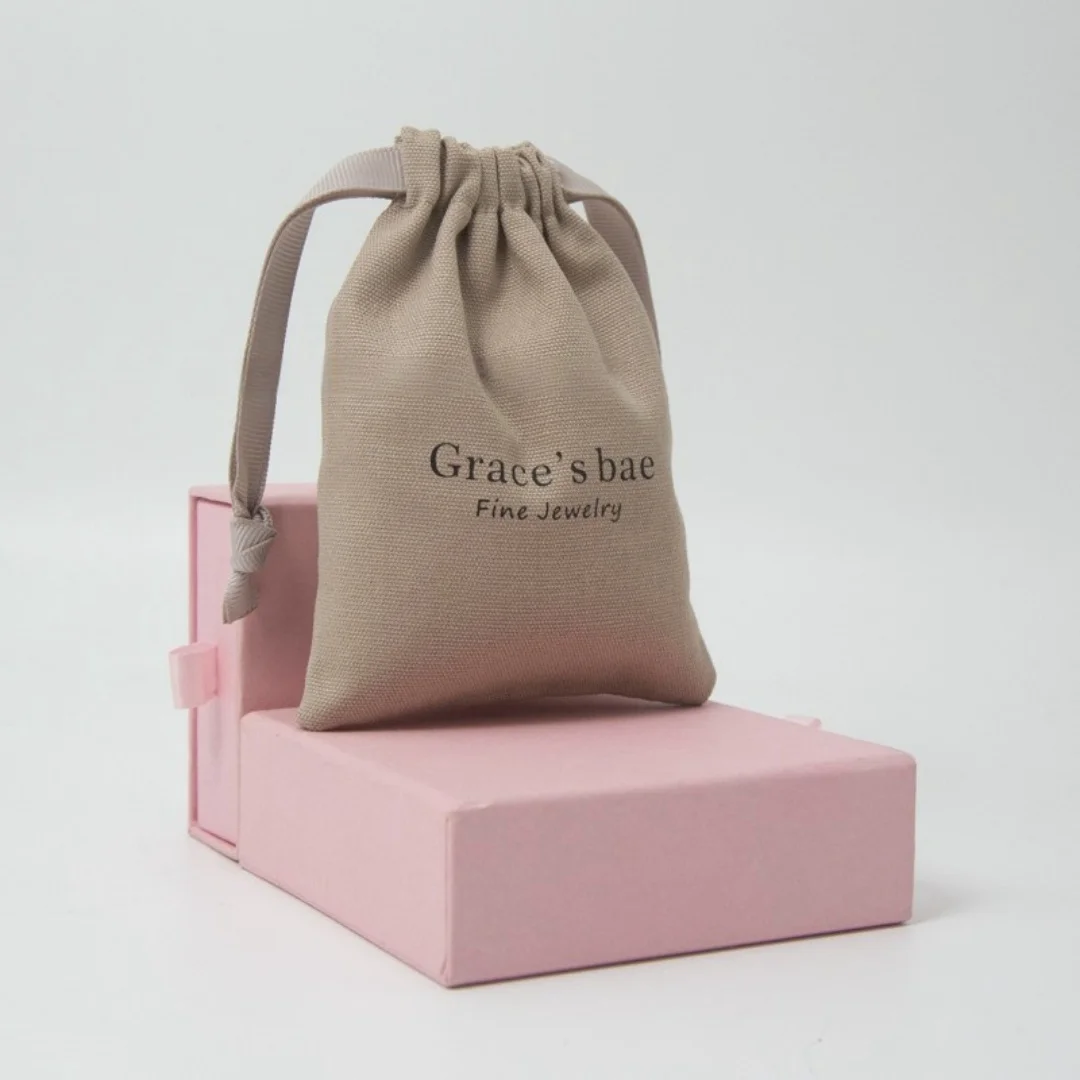 Personalized brown Cotton Canvas Jewelry Packaging Wedding Favor Bags Drawstring Custom Logo Chic Small Pouch