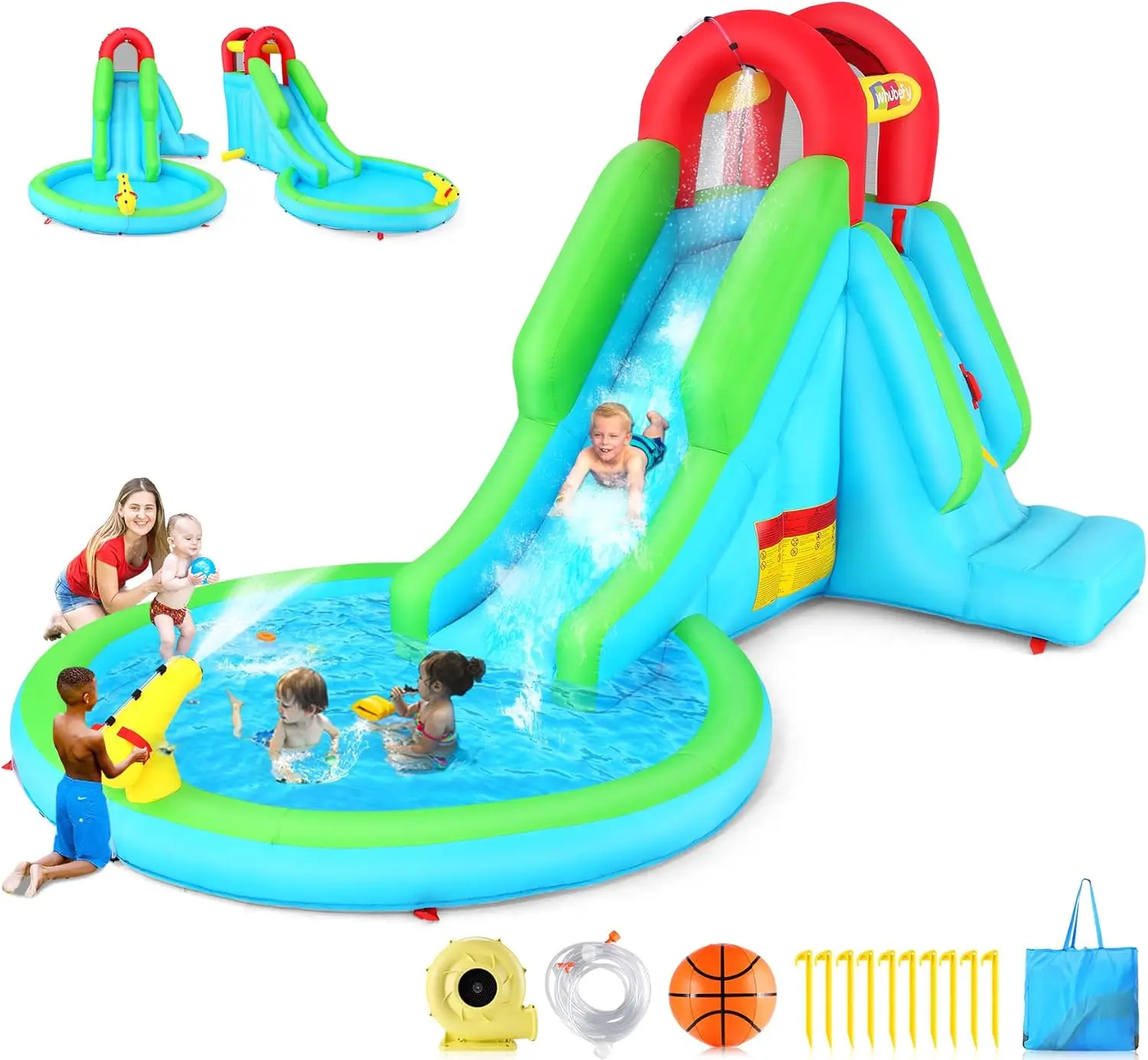 

Надувная водная горка для детей, аквапарк 5-в-1 с горкой для влажной и сухой воды, водяные горки 13x8,3x7,1 фута с водной пушкой,