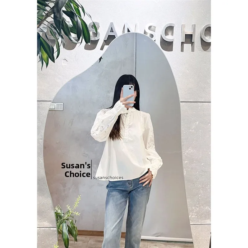 

Susan High-End Feel irt Women's Long Sve White Lace Trim Wave Bubble Sve Versatile Cotton Straight Cut Busin Top