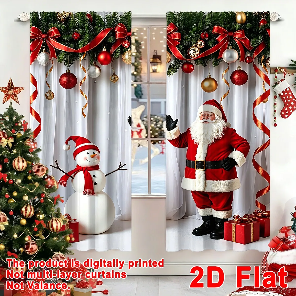 2 Stück festliche Weihnachtsvorhänge mit Weihnachtsmann- und Schneemann-Design, Polyester-Vorhänge, 60 x 150 cm, Fensterdekoration für Heimdekoration, Weihnachtsgeschenk – Detail 2