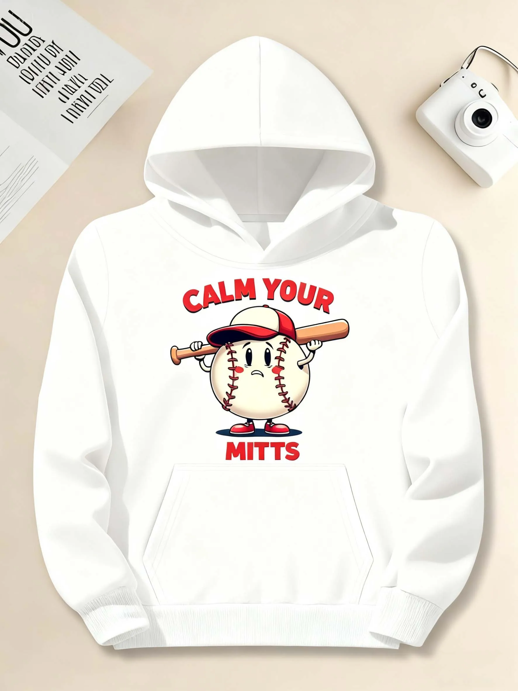 هوديي بنمط البيسبول للرجال - طباعة كرتونية مع كلمات حمراء، ملابس رياضية كاجوال مناسبة لعشاق البيسبول