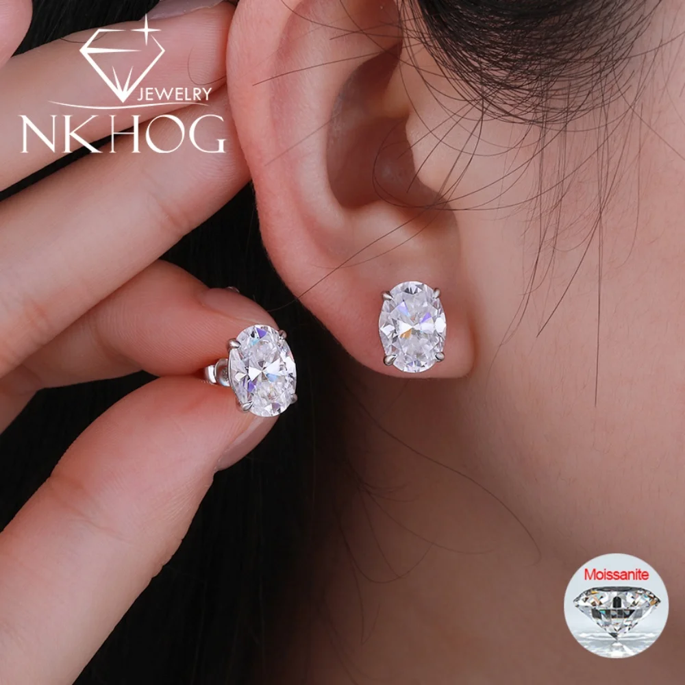 

NKHOG 1-4CT Oval Moissanite Stud Earrings S925 Silver Sparkling Diamond Ear Studs For Women Men Wedding 18K Plated Jewelry GRA