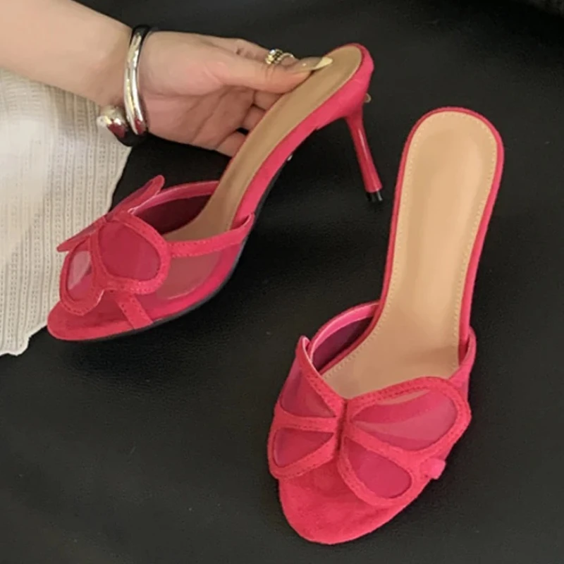 

Лето 2024, тапочки на высоком каблуке, сандалии, женские модные сандалии на сетчатом каблуке с бантом, женские роскошные брендовые дизайнерские туфли-лодочки