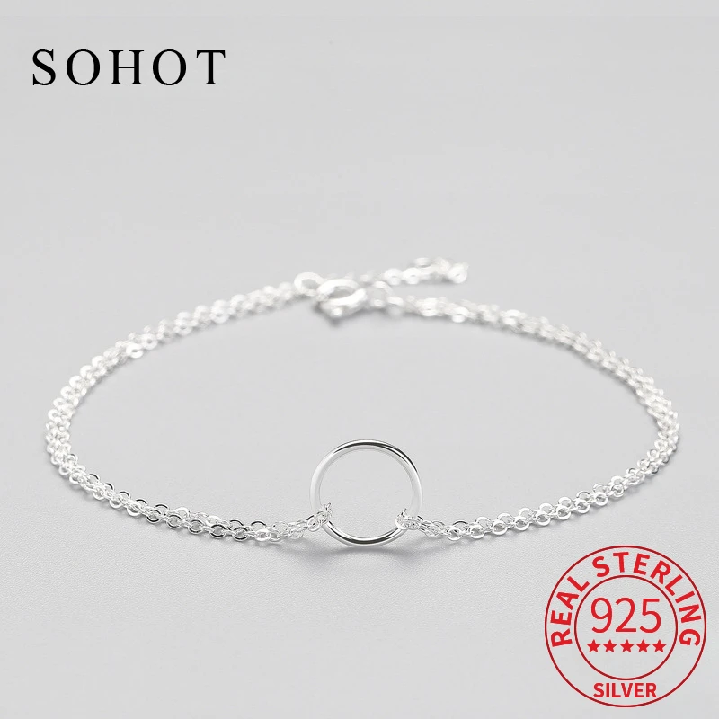 Real 925 Sterling Silver Hollow Round Chain Charm Bracelet for Women Classic Fine Jewelry Minimalist Geometric Accessories