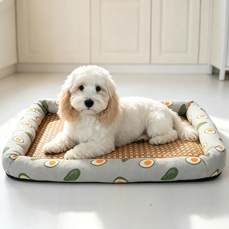 Summer Pet Cooling Rattan Mat Bed Printed Surround Edge Dog Cat Cushion Breathable Washable Sleeping Pad for Small Medium Pets