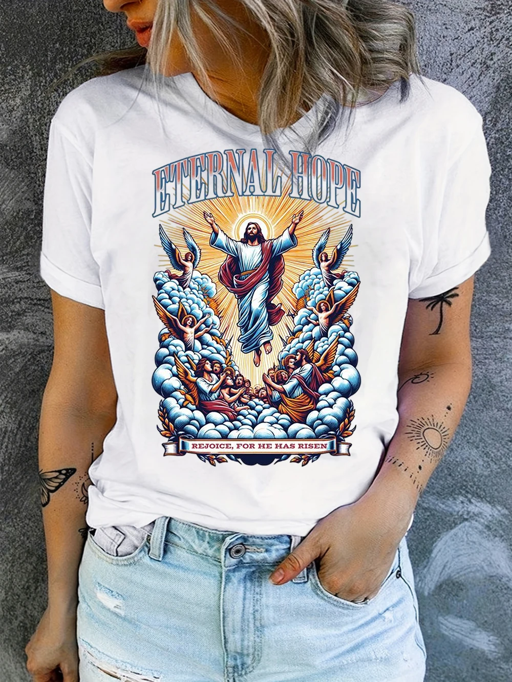 T-shirt graphique chrétien vintage Résurrection de Jésus, Tee-shirt Espoir Éternel et Foi, Haut décontracté à col rond pour Pâques et usage quotidien