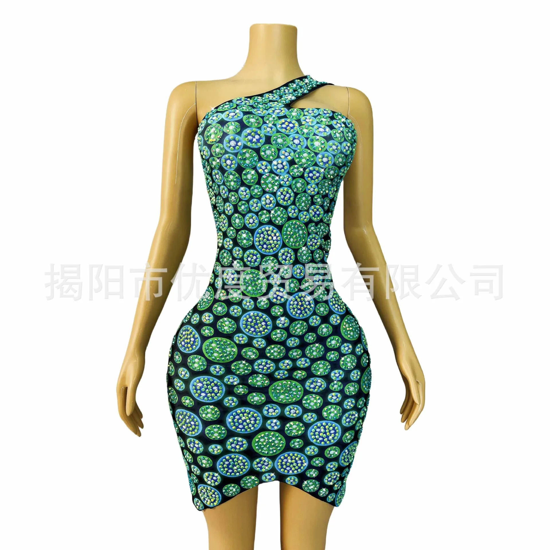 2026Design Sense Niche Single Shoulder Heavy Industry Rhinestone Dress Cocktail Party Evening Dress Performance Short Skirt Blue