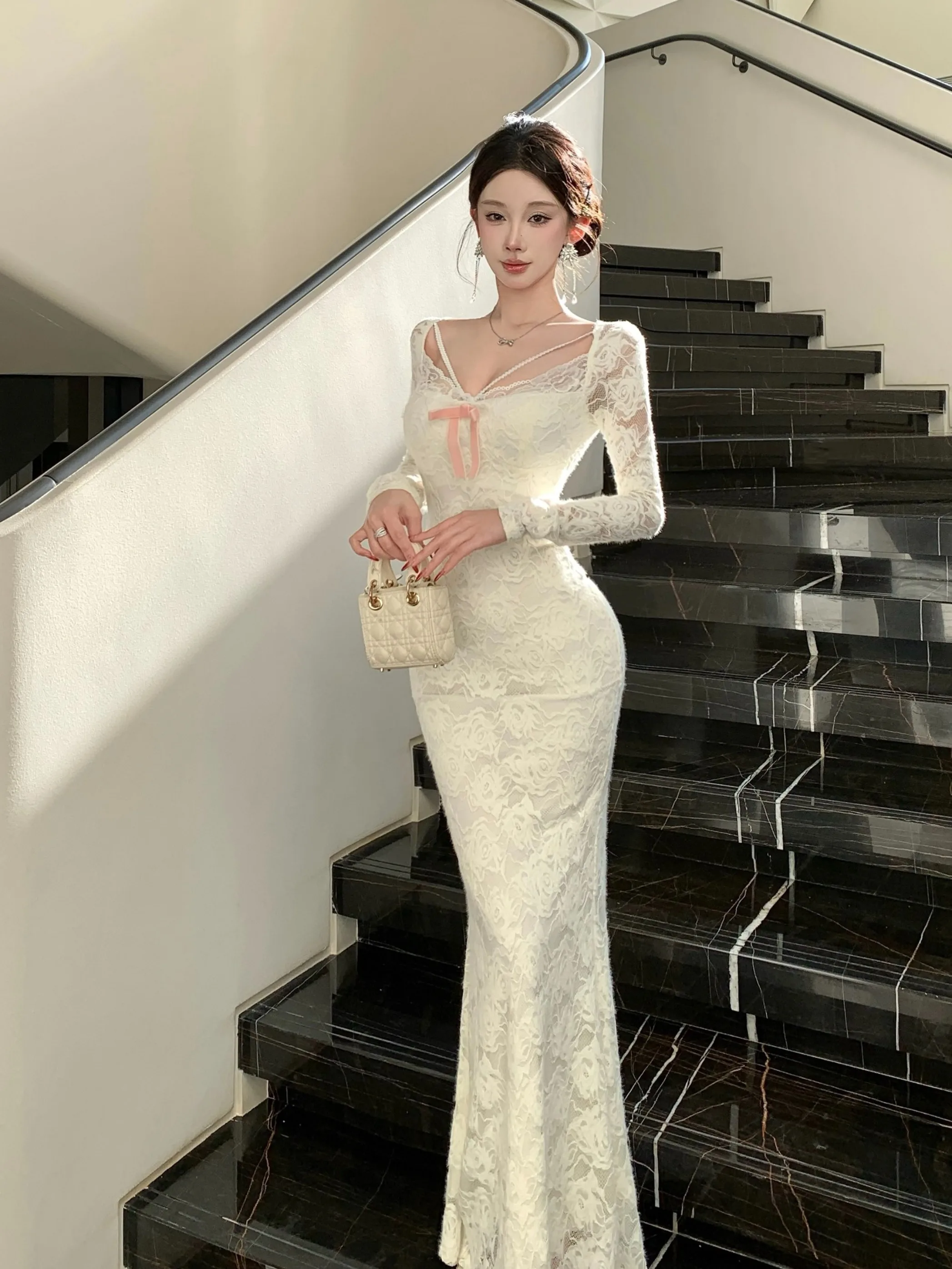 

Длинное кружевное платье на одно плечо для женщин, осенне-зимнее, приталенное, с завышенной талией, сексуальное, модное