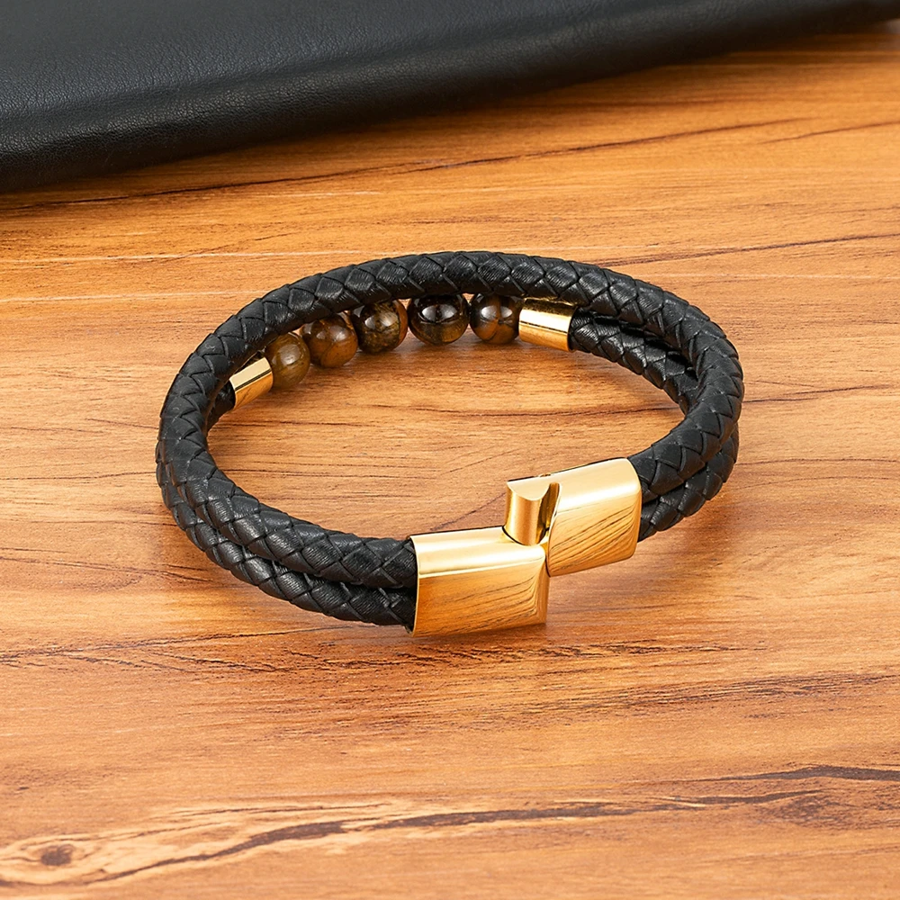 TYO High Quality  Natural Stone Tiger Eye Beaded Bracelets Woven Leather Bangles Men Classic Fashion Magnet Clasp Jewelry Gifts