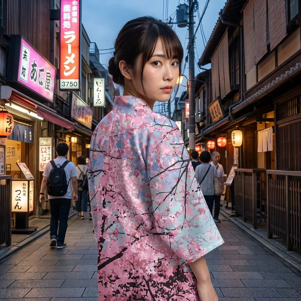 

Women's Japanese Cherry Blossom Kimono Summer Floral Print Haori Cardigan 2026 New Street Style Casual Open-front Yukata Jacket