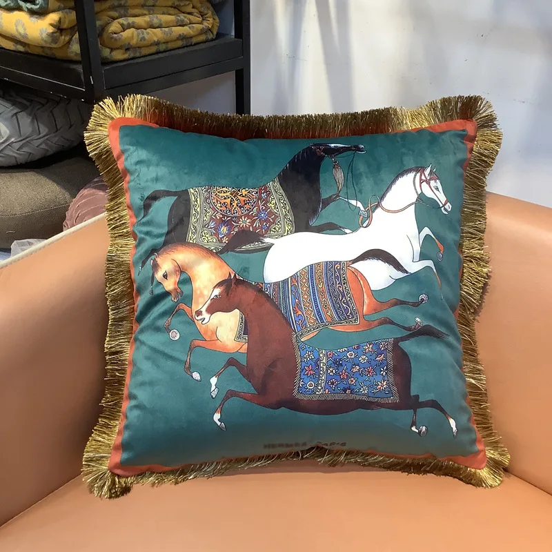 Double-Sided Waist Cushion Cover, Luxury Horse Pillowcase, Sofa Decoration, Retro Tassel, Square, Living Room