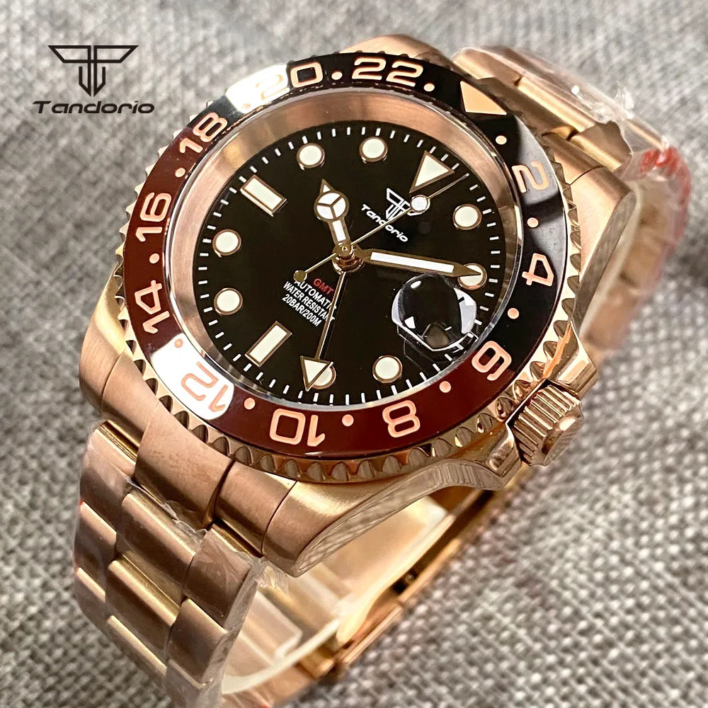 Tandorio Rose Gold Coated 200M GMT NH34A Men Automatic Dive Watch 120 Clicks Rotating Bezel Screw Crown Sapphire Glass Auto Date