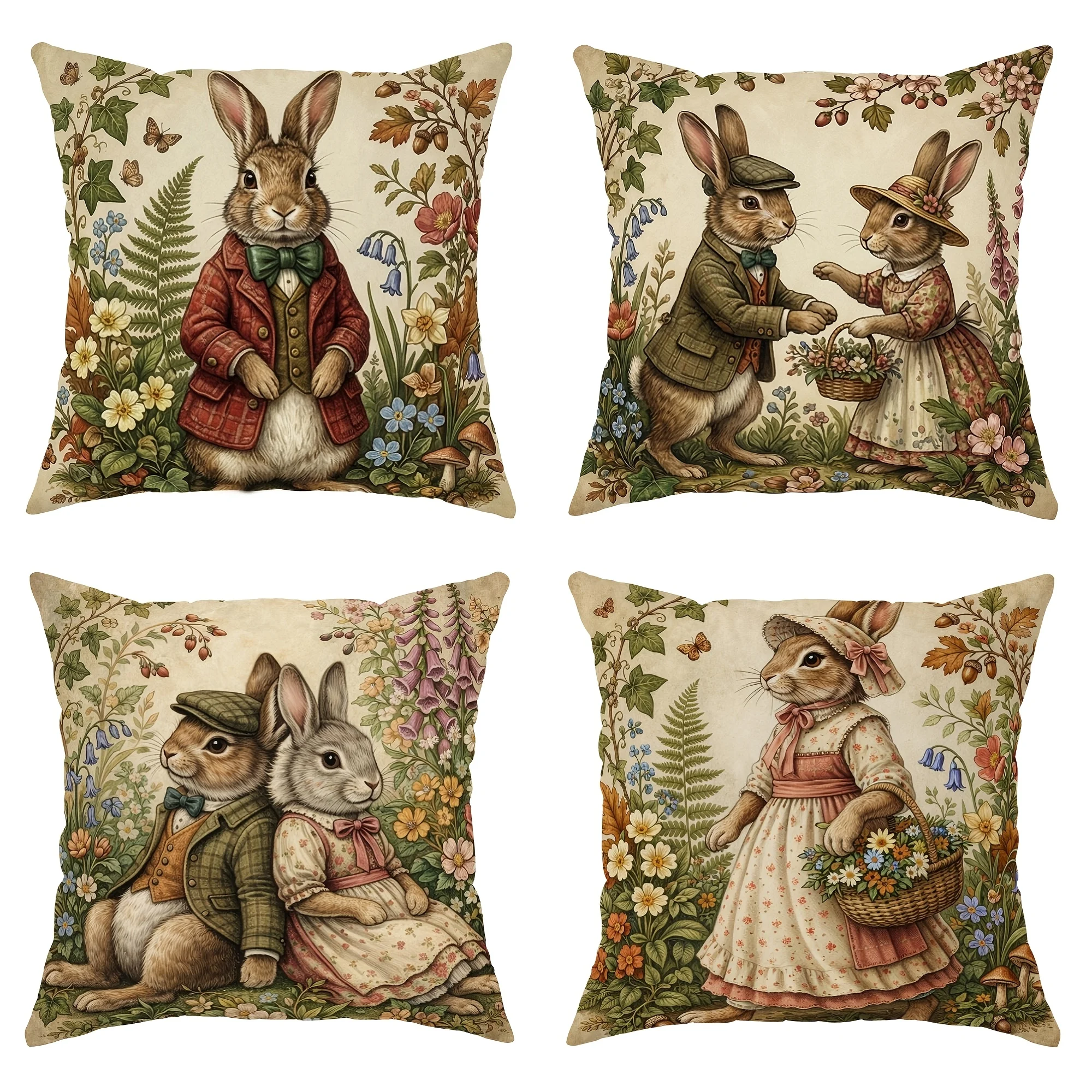 Vintage Easter Floral Double Sided Print Throw Pillow Case Cushion Cover 4 Piece Set for Sofa Living Room