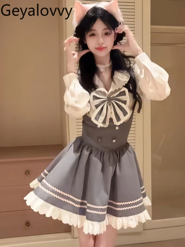 

Корейский стиль JK с тонким бантом и длинным рукавом, топ и платье на бретелях, милый, милый, модный, весенне-осенний комплект из двух предметов, женские наряды